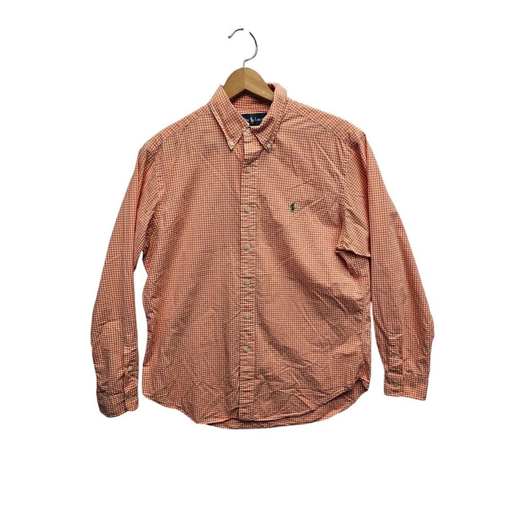Polo‎ Ralph Lauren Classic Fit Shirt Mens Large Orange Gingam Check Green Pony - Picture 2 of 7